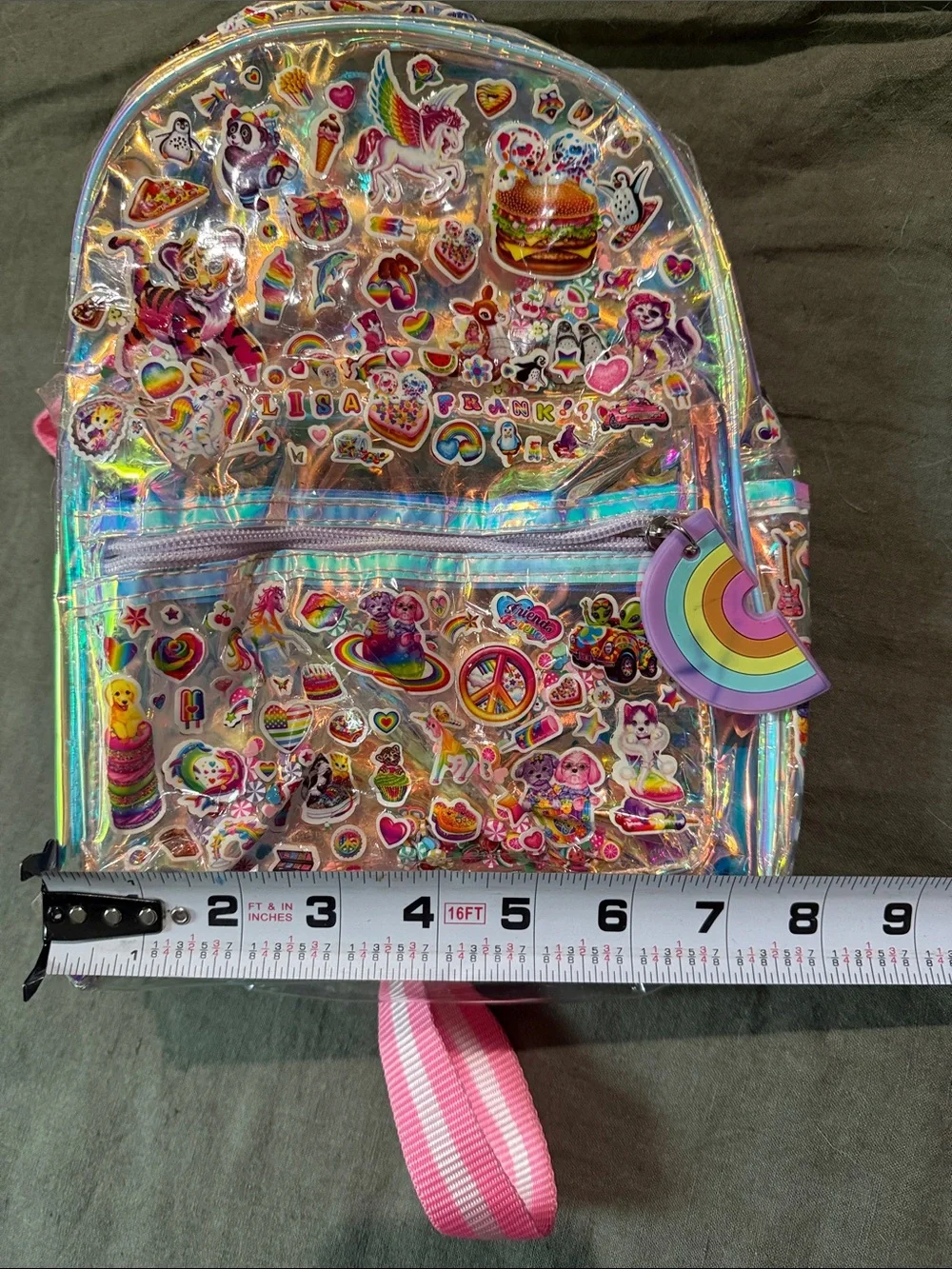 Custom Lisa frank Kids Clear Holographic Pink Backpack with Rainbow Charm